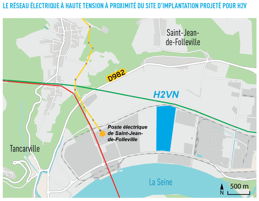 plan du réseau électrique à haute tension existant à proximité du site d'implantation projeté pour H2V et indiquant les options étudiées par RTE